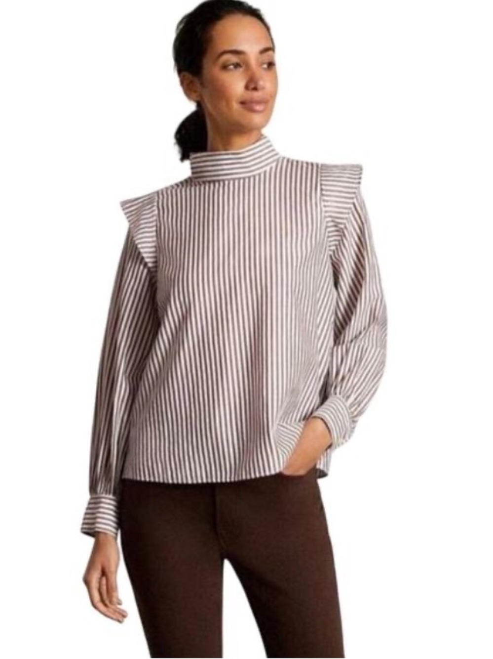 Everlane Striped Wing Shoulder Bishop Sleeve Stand Collar Top